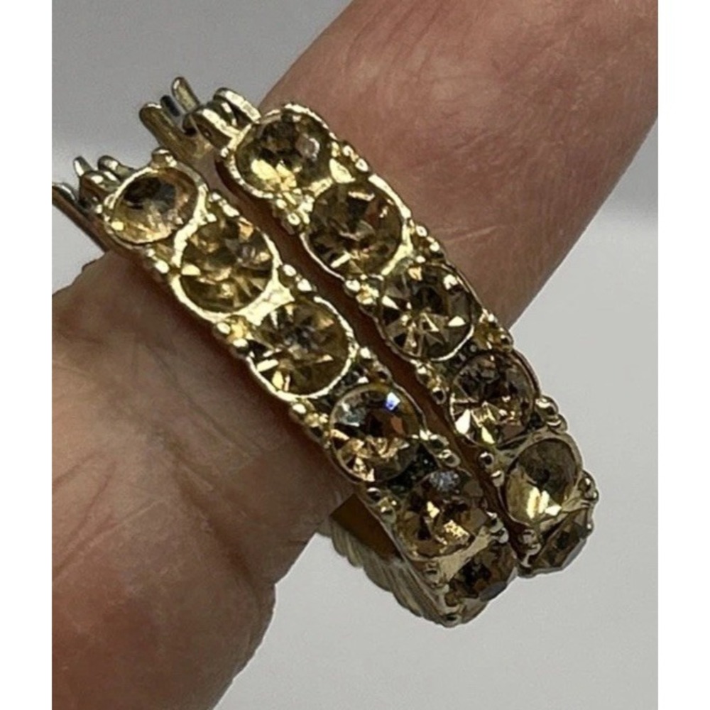 Vtg Monet Gold Tone Amber Rhinestones Hoop Earrings Signed Sparkling